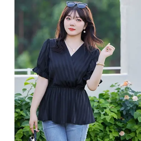 2023夏装新款显瘦大码胖MM条纹V领荷叶边雪纺短袖衬衫女气质上衣图片