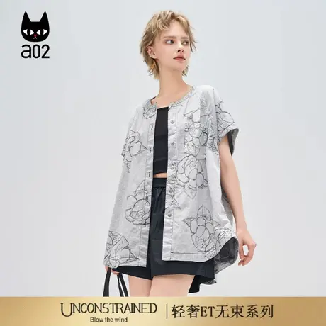 a02【ET自然系列】灰色圆领牛仔衬衣女2025新款夏季松弛感衬衫商品大图