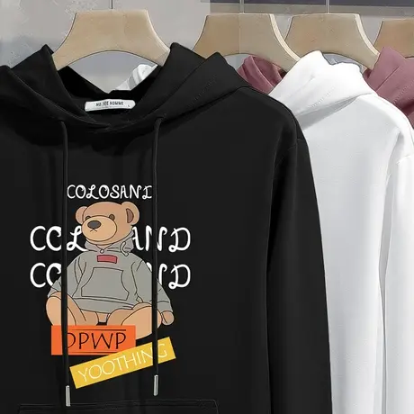 连帽卫衣男秋冬2023新款小熊带帽衫加绒加厚黑色长袖外套宽松潮流商品大图