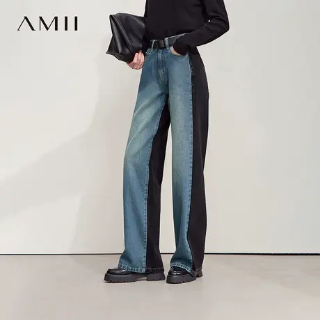 Amii2025秋新款休闲复古港风水洗拼色宽松阔腿裤牛仔长裤女图片