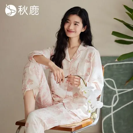 【超柔软】秋鹿新中式国风印花睡衣女夏季薄款透气长袖家居服套装商品大图
