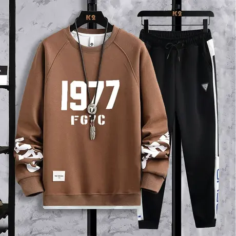 美式卫衣男秋季新款潮牌字母印花长袖t恤青少年休闲长裤两件套装商品大图