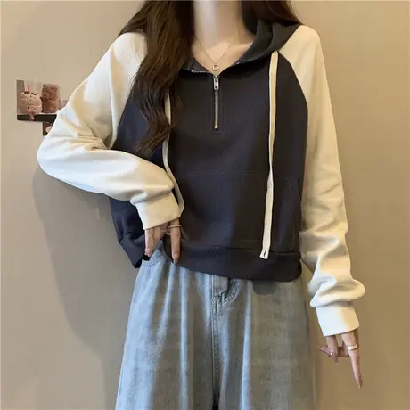 半拉链连帽薄款卫衣女秋装韩版宽松显瘦设计感小众短款插肩袖上衣商品大图