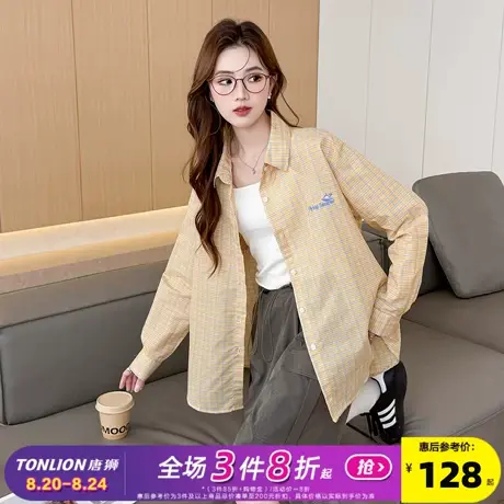 唐狮2025新款女长袖格子衬衫衬衣外套百搭休闲黄色前胸刺绣上衣bl图片