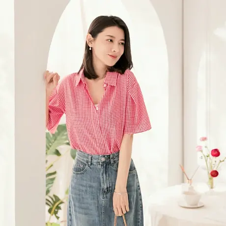 桔熊夏季通勤休闲宽松短袖格子衬衫遮肉舒适上衣女大码AB16984图片