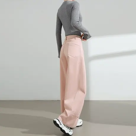 粉色休闲工装裤女2025春秋新款高腰宽松显瘦垂感阔腿休闲弯刀裤子商品大图