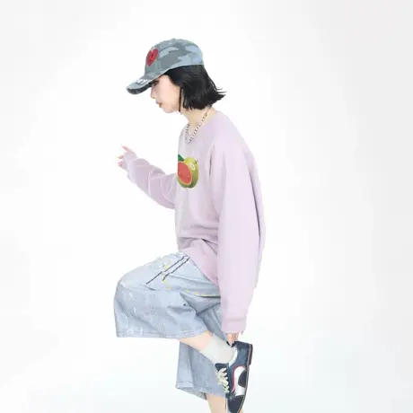 YEP春秋新款浅紫色水果印花圆领卫衣女宽松外套美式街头套头上衣商品大图