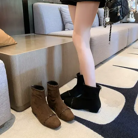 法式方头短靴女2025秋季新款爆款洋气平底高级瘦瘦靴百搭时尚靴子商品大图