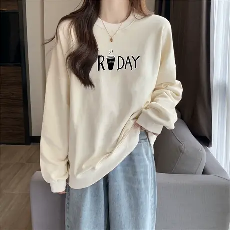 美式复古圆领无帽卫衣女秋冬加绒加厚宽松长袖上衣潮牌慵懒风外套商品大图