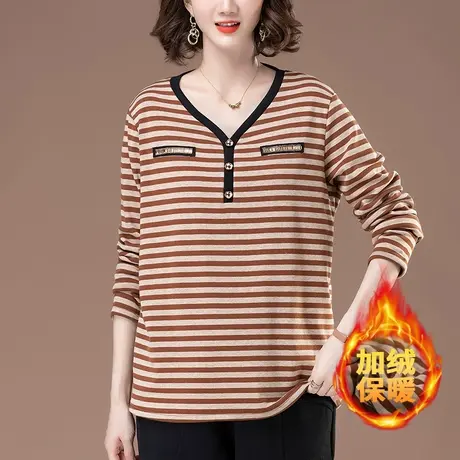 条纹打底衫女秋冬款大码女装宽松中老年妈妈V领保暖加绒加厚上衣图片