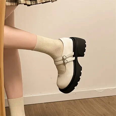 粗跟厚底小皮鞋女春秋爱心扣英伦风配裙子法式浅口高跟玛丽珍单鞋商品大图