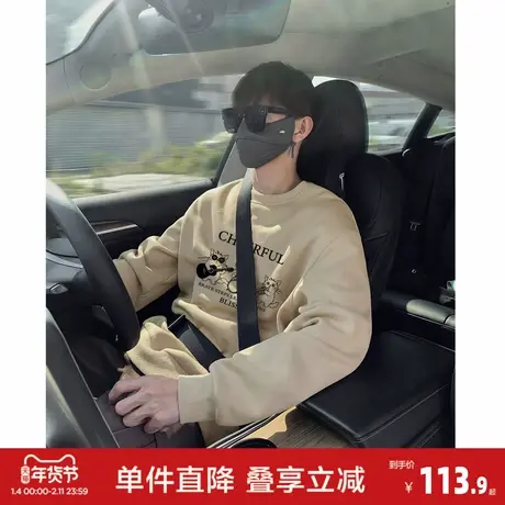 唐狮2026春秋季新款圆领卫衣男士小猫卡通图案宽松潮牌男款上衣图片