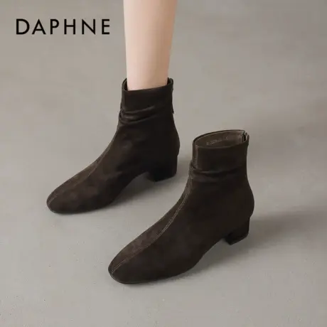达芙妮棕色短靴女秋冬季2026新款高跟鞋粗跟马丁靴复古尖头瘦瘦靴图片