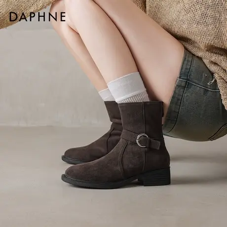 达芙妮复古棕色短靴女2025新款秋冬季粗跟瘦瘦靴子百搭加绒马丁靴商品大图