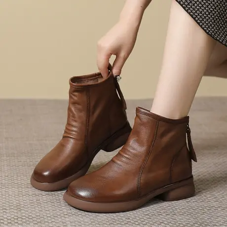 复古大码女靴41一43靴子女2023秋款新款爆款休闲真皮软底软面短靴商品大图