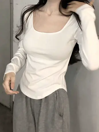 纯欲U领短款长袖t恤女装2023新款欧货秋冬季内搭打底衫甜辣小上衣商品大图