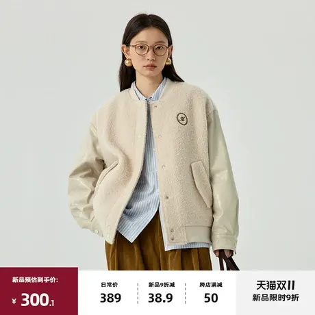 omont蛋挞家 复古棒球棉服女2023冬季新款宽松羊毛加厚呢子外套商品大图