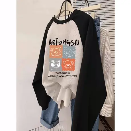 无帽卫衣女秋冬加绒胖mm大码显瘦圆领上衣ins潮插肩袖设计感外套商品大图