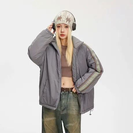 美式复古潮牌运动风立领棉服女冬季加厚外套2023新款宽松保暖棉衣商品大图