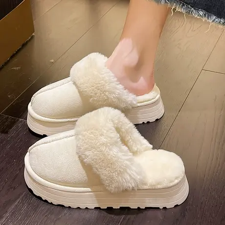 法式厚底包头毛毛半拖鞋女外穿2023新款爆款秋冬增高雪地面包棉鞋商品大图