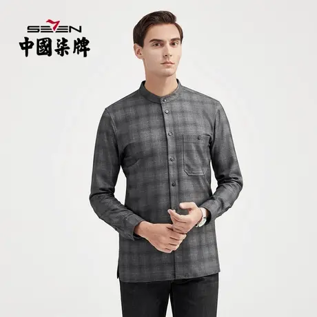 柒牌衬衫男长袖潮流帅气格纹提花商务休闲衬衣春秋新款立领男装图片