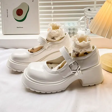 厚底增高小皮鞋女2023新款法式配裙子玛丽珍鞋粗跟高跟鞋乐福单鞋图片