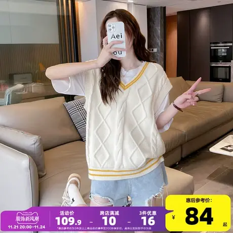 唐狮早秋针织马甲女日系学院风V领毛衣背心宽松叠穿慵懒风马夹商品大图