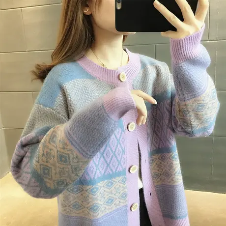 2023春秋新款韩版宽松圆领针织衫长袖女百搭开衫毛衣上衣撞色外套图片
