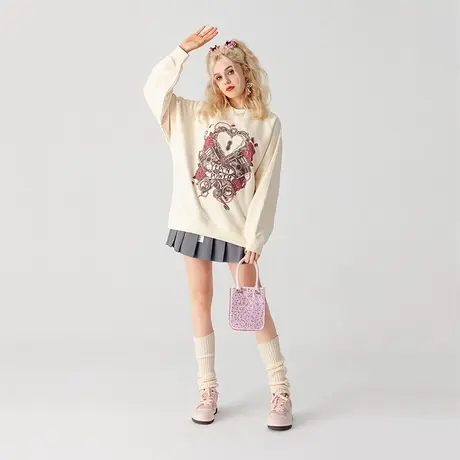 yep圆领卫衣女春秋款设计感小众宽松薄款复古印花长袖上衣ins潮牌商品大图