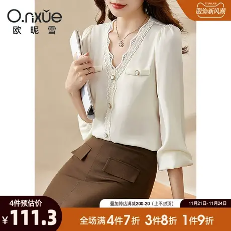 欧昵雪2024春秋新款气质花边拼接V领套头衬衫女长袖韩版小衫上衣商品大图