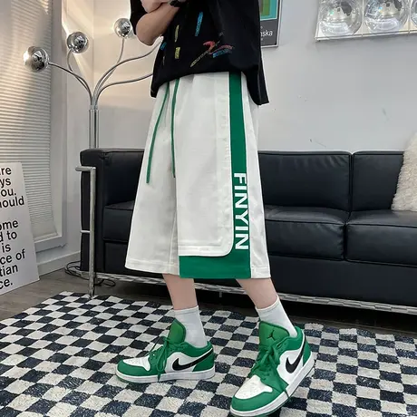 冰丝七分裤男夏季外穿宽松运动沙滩裤ins撞色拼接工装薄款休闲裤商品大图