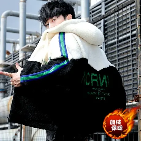 冬季潮牌连帽棉衣男款加绒加厚羊羔毛外套宽松2022冬装颗粒绒棉服图片