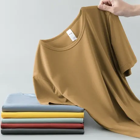 莫代尔冰丝短袖t恤男装2024新款圆领纯色上衣服速干凉感半袖体恤商品大图