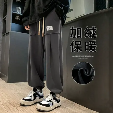 加绒卫裤男束脚宽松美式重磅潮牌ins潮流深灰色加厚秋冬休闲裤子商品大图