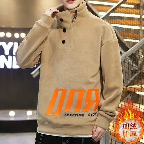 半高领羊羔绒卫衣男孩加绒加厚秋冬季潮牌青少年初中高中学生衣服商品大图