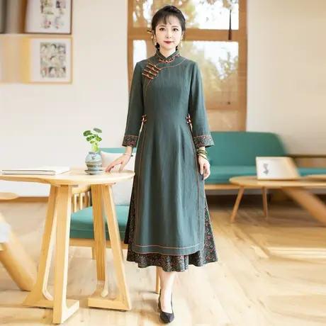 筠雅奥黛旗袍中国风女装收腰新款复古风走秀日常可穿连衣裙23J227图片