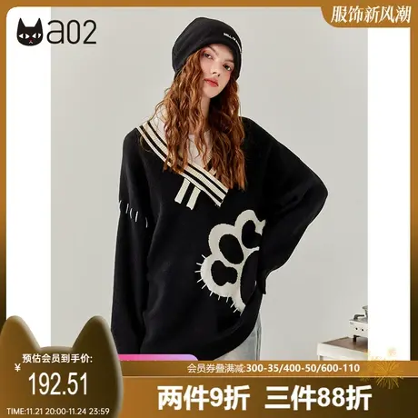 【轻途】a02原创潮流针织衫女2025秋新品宽松V领毛衫猫爪提花上衣商品大图