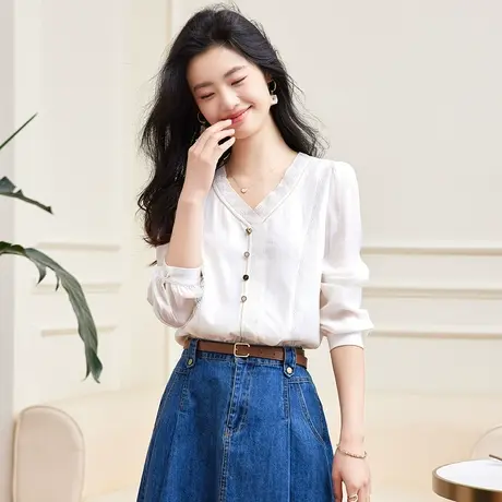 时尚气质淑女长袖衬衫2023年秋季新款温柔甜美V领修身通勤上衣图片