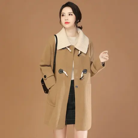 韩潮袭人英伦风牛角扣中长款加厚毛呢外套女2023冬装新款休闲大衣图片