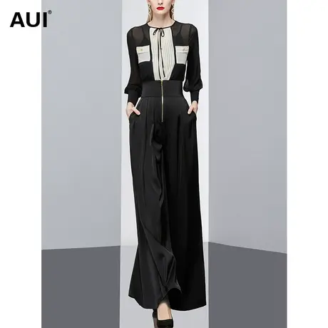 AUI欧洲站黑色高腰休闲裤子女春秋2023新款垂坠感显瘦宽松阔腿裤图片