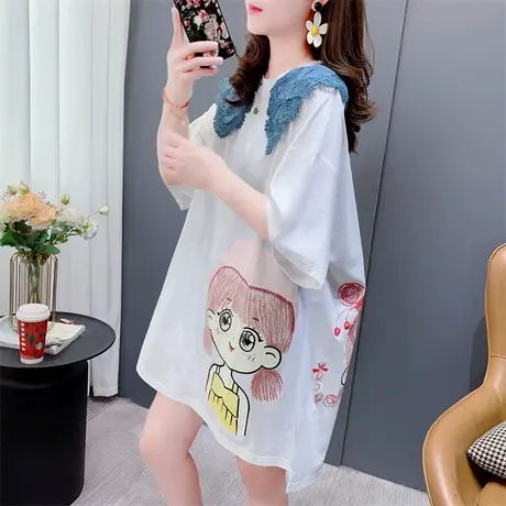设计感甜美短袖t恤女夏季2023新款宽松中长款卡通日系蕾丝边上衣商品大图