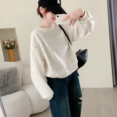 时尚韩版长袖套头加绒圆领卫衣女2023年冬季新款设计感小个子上衣图片