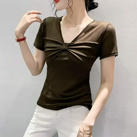 欧货女装性感网纱T恤短袖设计感小众蝴蝶结上衣洋气修身V领小衫夏图片