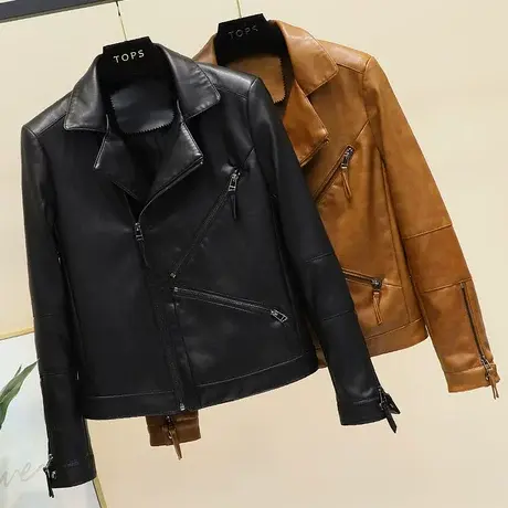 2023春秋新款纯色PU皮衣短款女时尚皮夹克外套显瘦修身机车女装潮商品大图