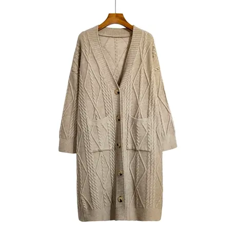 中长款针织开衫女秋冬新款慵懒风法式复古v领高级感加厚毛衣外套商品大图