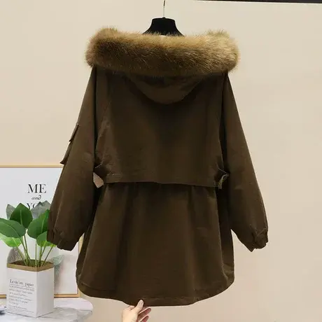 派克羽绒棉服女冬装中长款2023新款工装棉衣加绒连帽大毛领外套潮图片