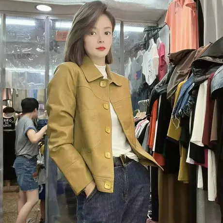 皮衣女短款上衣2023秋季新款皮夹克小个子韩版修身单排扣小外套潮图片