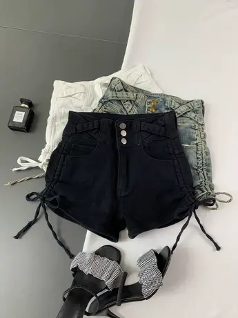 高腰抽绳牛仔短裤女2023夏季新款弹力修身辣妹热裤美式a字阔腿裤商品大图