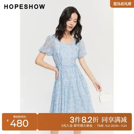 红袖outlets蓝色碎花裙hopeshow2023夏季新款女泡泡袖方领连衣裙图片