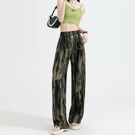 冰丝扎染阔腿裤女夏季薄款高腰垂感凉凉宽松休闲直筒军绿色花裤子商品大图